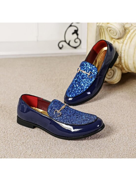 Men\'s Blue Rubber Sole Leather Sparkly Sequins Loafers Gold Buckle Party Shoes main image 5
